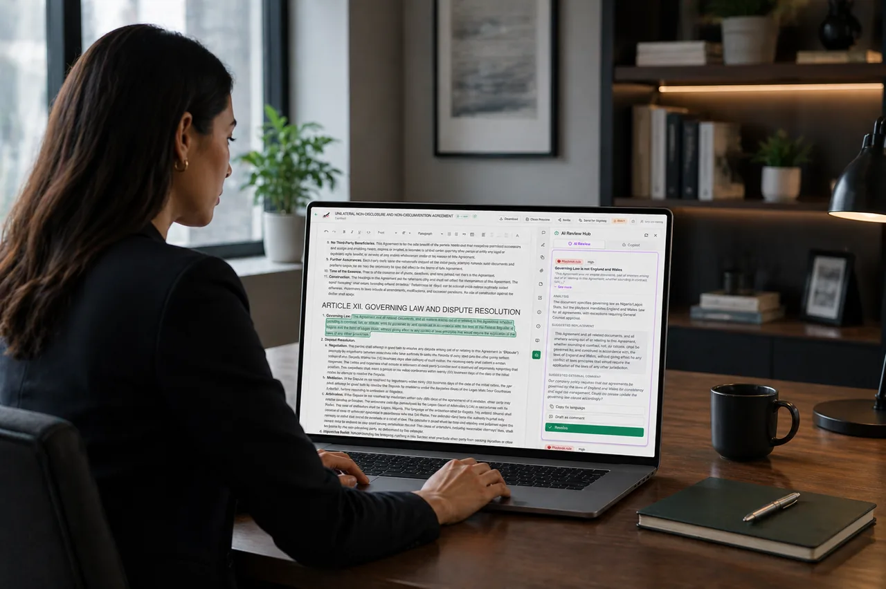 Professional using AI-assisted contract analysis dashboard